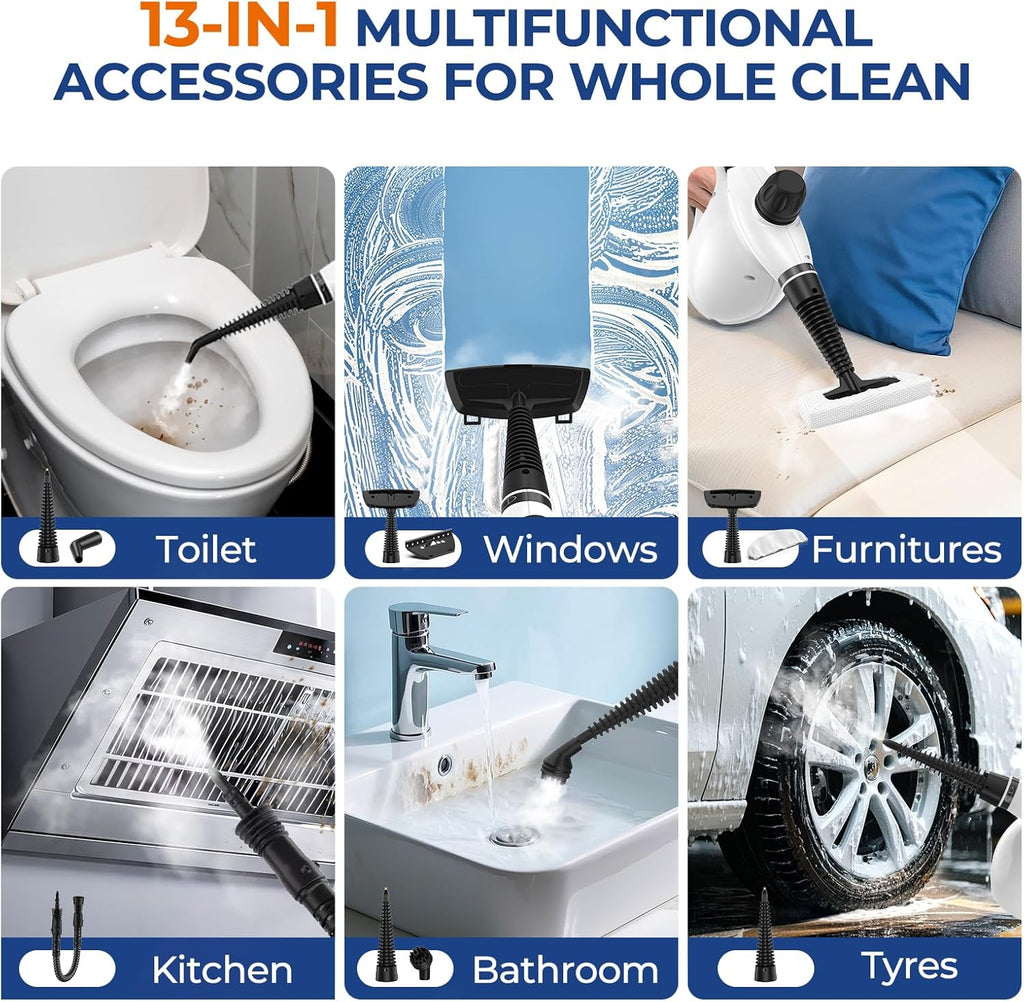Skiennix Steam Cleaner - Pressurized Handheld Deep Cleaning Steamer with 13 Accessories | Portable Multi-Purpose for Home, Car, and Upholstery - White