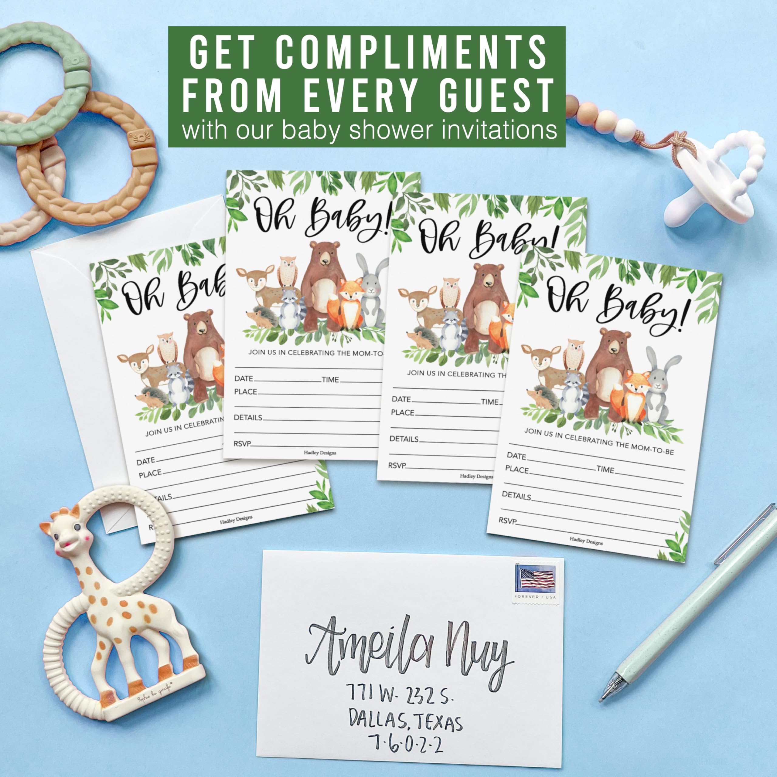 Hadley Designs Baby Shower Invitations for Girl -40 Baby Shower Invites for Boy with Diaper Raffle & Book Request Cards, Woodland Animals Gender Reveal Invitations Gender Neutral, Oh Baby!