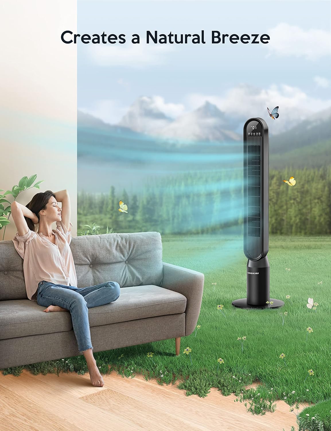 VAGKRI 42-Inch Quiet Tower Fan - Bladeless Design with 135° Oscillation & 4 Speed Modes | Remote Control, Black