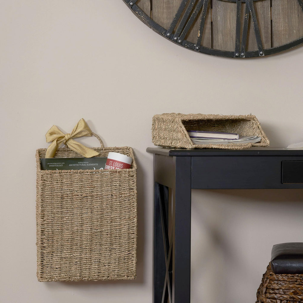 Rectangular Wicker Hanging Baskets, Set of 2, Small and Large, Handwoven Seagrass, Durable Metal Wire Frame, Multipurpose and Contemporary, Perfect for Organizing Newspapers, Mail and More, Natural