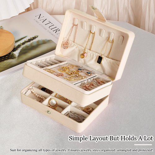 MODENGKONGJIAN Jewelry Organizer Box, 2-Layer Large Jewelry Storage Case, Portable Travel Jewelrys Display Holder for Earrings, Necklaces, Bracelets (Beige, PU Leather)