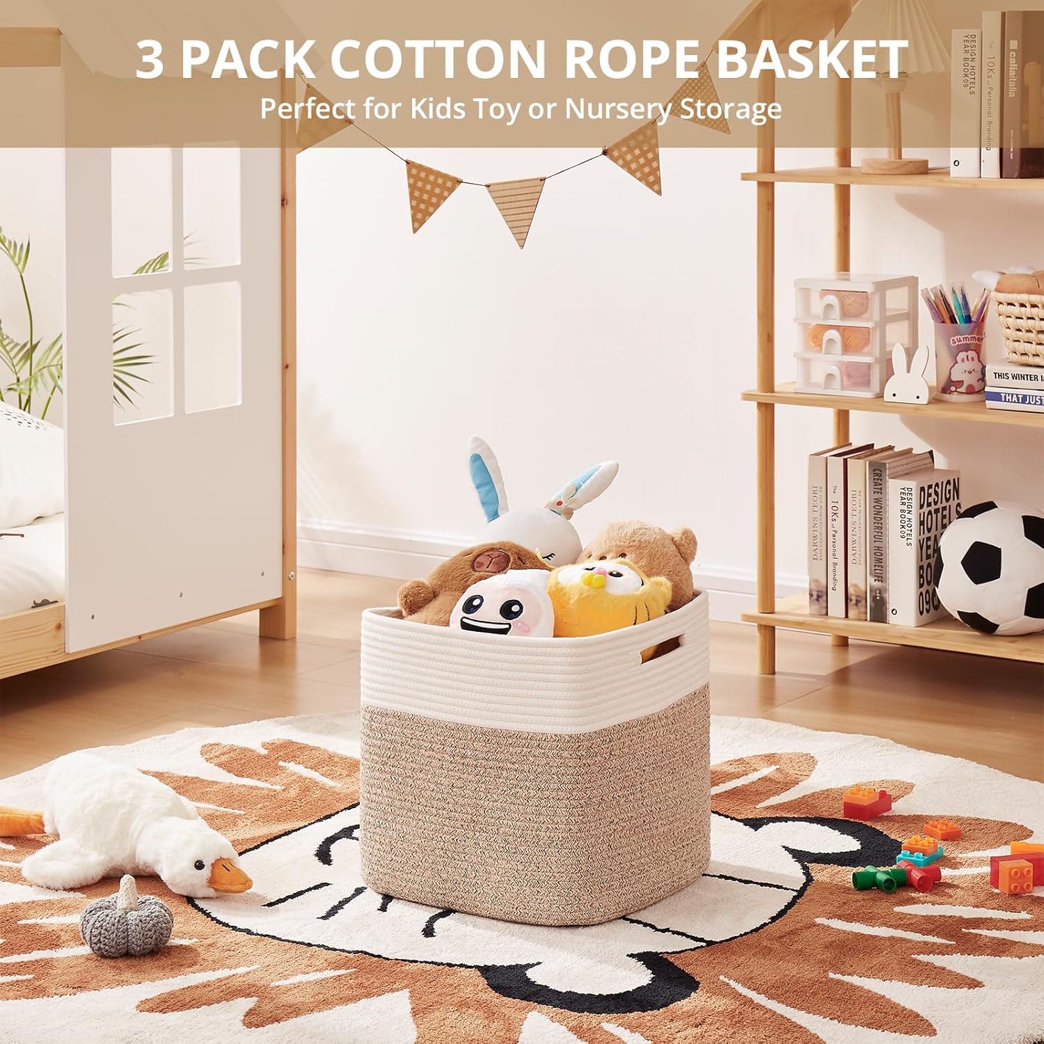 OIAHOMY 13-Inch Cube Storage Bins - 3-Pack Cotton Rope Baskets for Organizing | Brown & White
