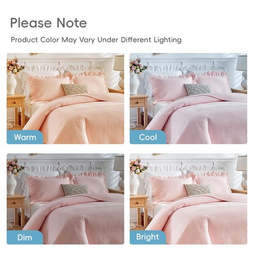 Flysheep Pink Ruffle Quilt Set Twin Size, 2 Pieces Shabby Chic Farmhouse Striped Bedspread Coverlet Set, Solid Lightweight Soft Microfiber Bed Cover for Kids (1 Ruffled Quilt + 1 Pillow Sham)