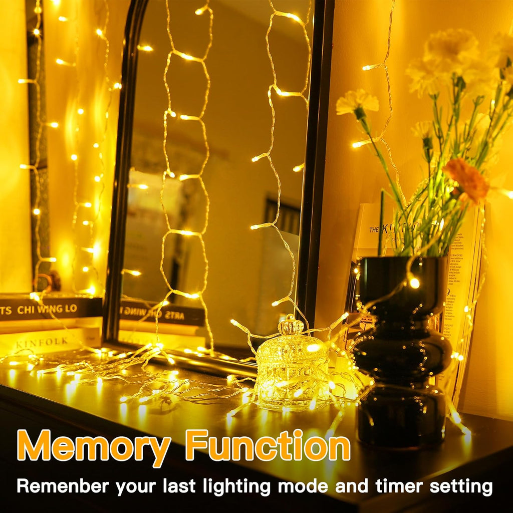 Ollny Curtain Lights - 200 LED String Lights with Remote & Timer | 6.6x6.6ft Warm White Fairy Light for Indoor Decor