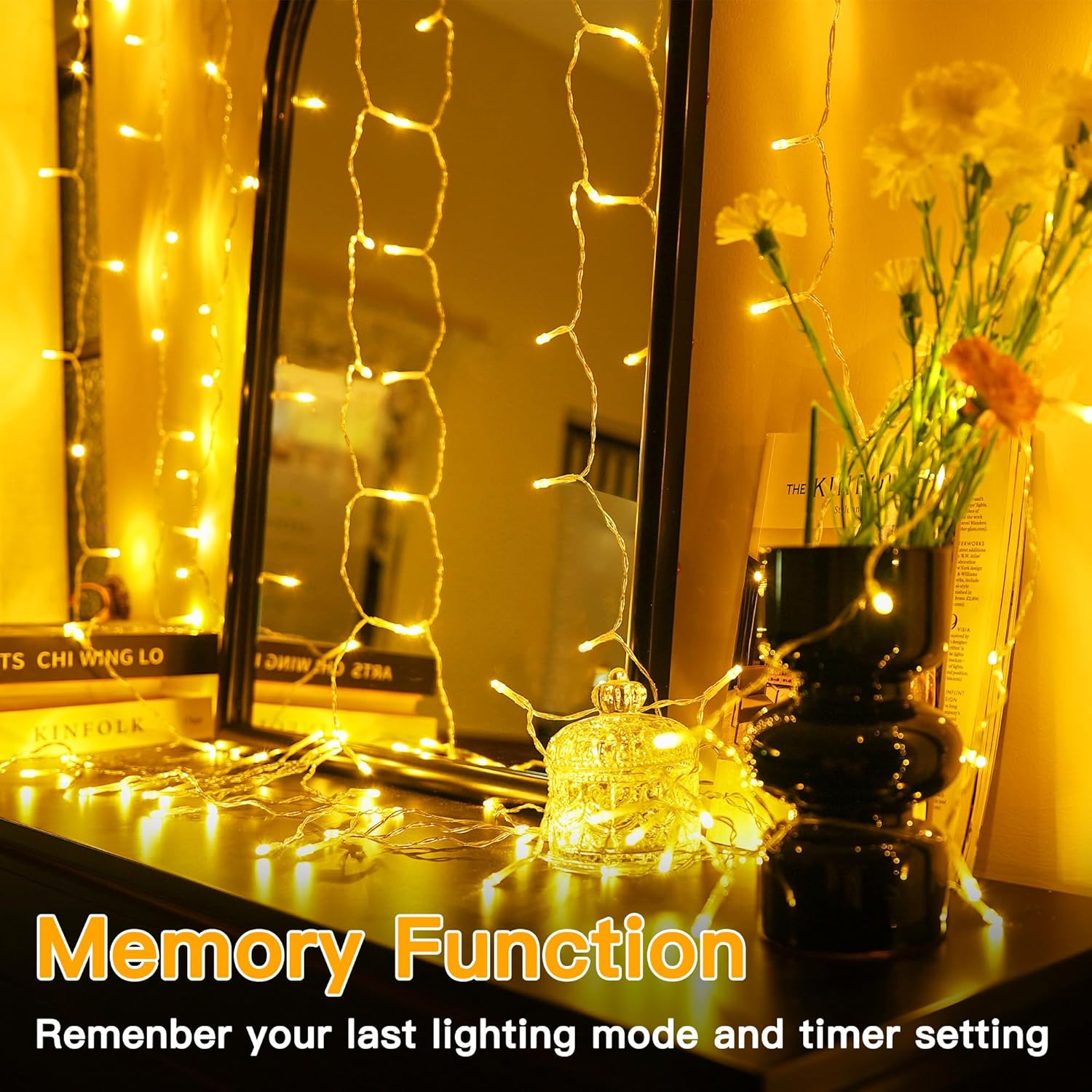 Ollny Curtain Lights - 200 LED String Lights with Remote & Timer | 6.6x6.6ft Warm White Fairy Light for Indoor Decor
