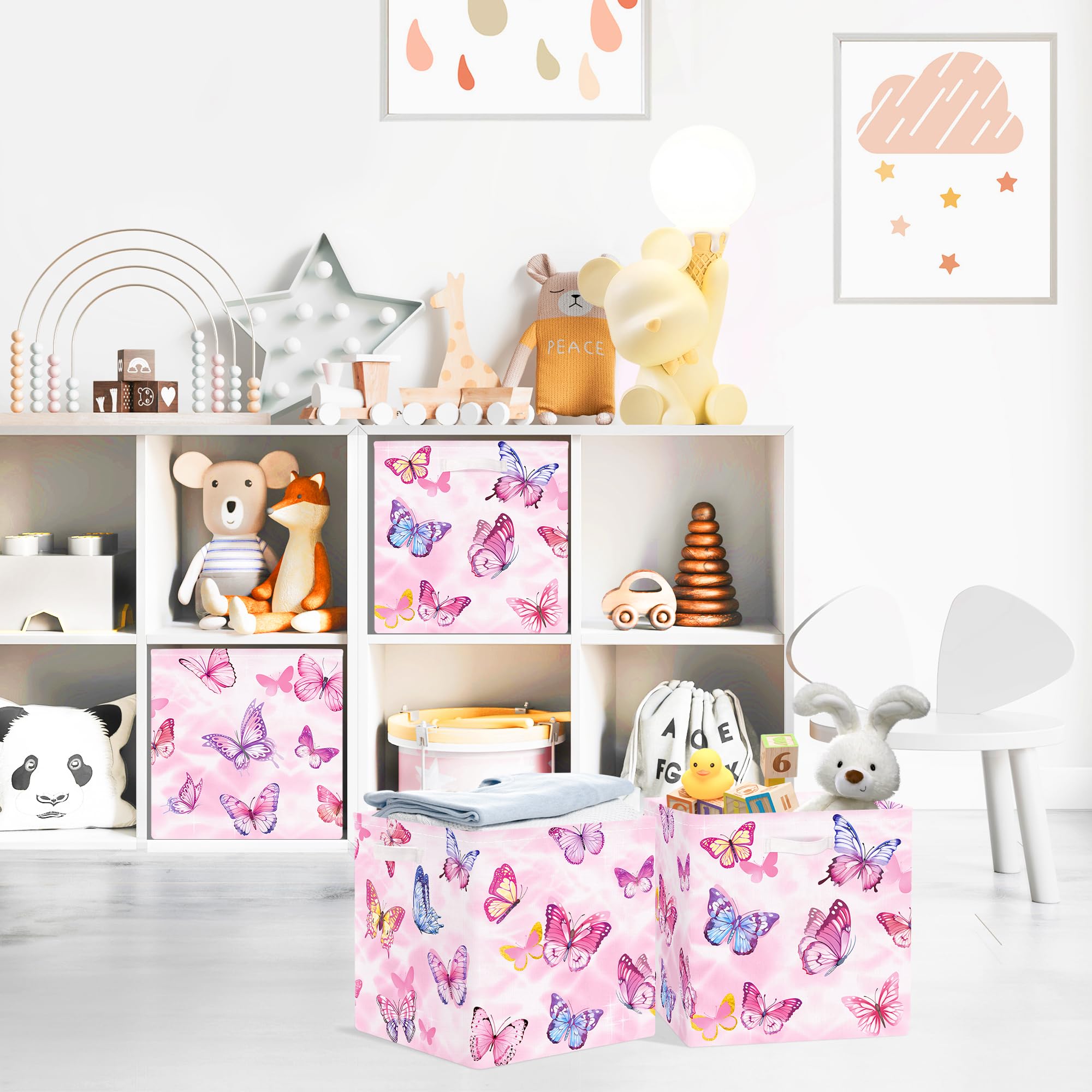 Clastyle Butterfly Kid Storage Cube Organizer Set Watercolor Closet Clothes Cube with Metal Frame Storage Bin Nursery Toddler Toy Box Chest Girl Book Shelf Basket, Pink, 11.8x11.8x11.8 in