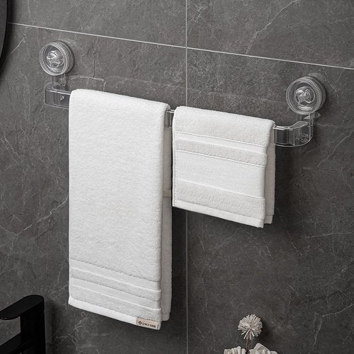 NEELEEN Suction Cup Towel bar - 21 Inch Removable No Drill Suction Towel Bar with Strong Suction & Reusable Adhesive Suction Towel Rack for Shower Bathroom Kitchen - Clear