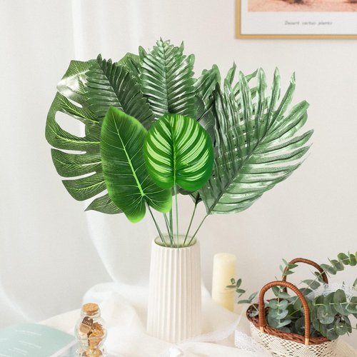 Ledoira 106Pieces 10 Kinds Artificial Palm Leaves Tropical Leaves with Stems Jungle Leaves Decorations for Hawaiian Luau Party Beach Baby Shower Wedding Birthday