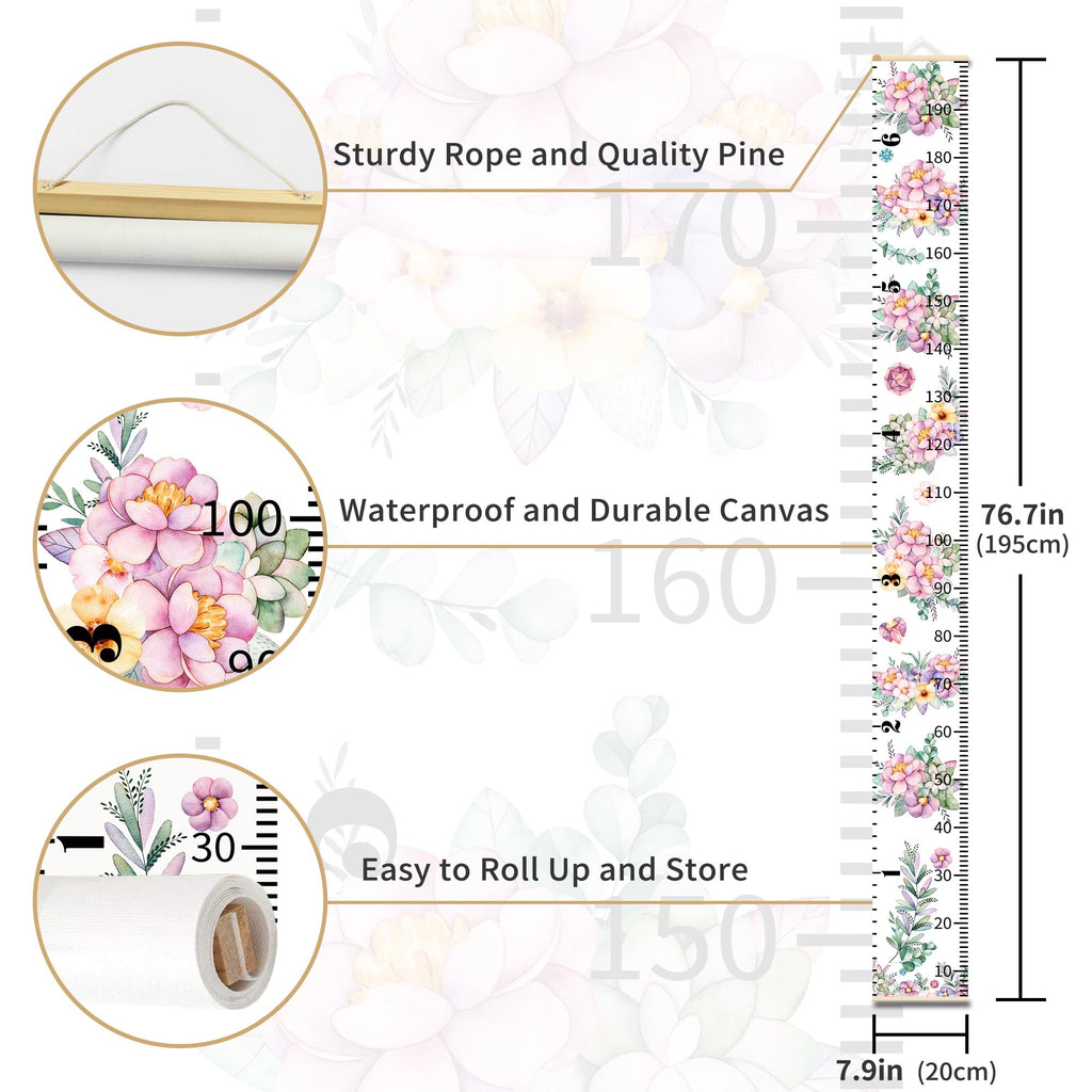 Height Chart for Kids Growth Measuring Girls Room Playroom Essentials Toddler Bedroom Nursery Baby Home Purple Flowers Canvas Wall Decor
