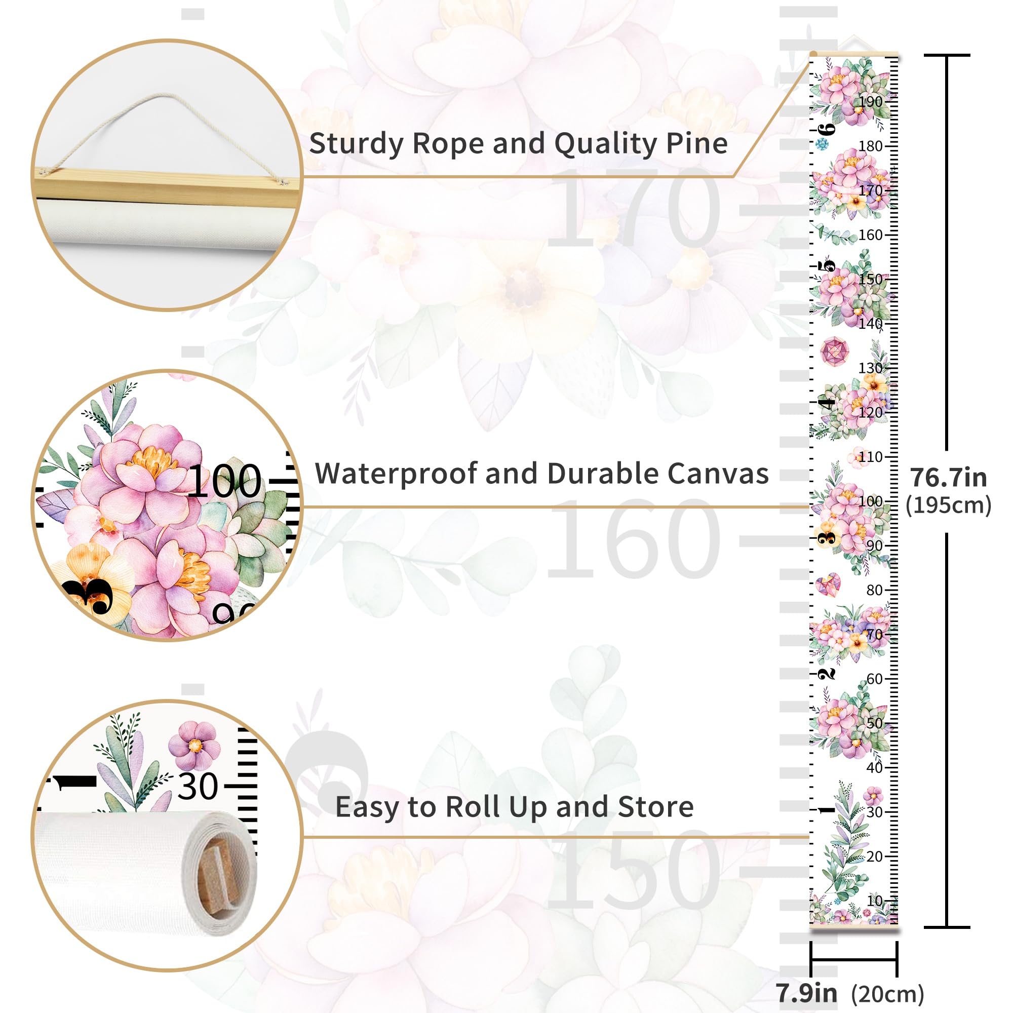 Height Chart for Kids Growth Measuring Girls Room Playroom Essentials Toddler Bedroom Nursery Baby Home Purple Flowers Canvas Wall Decor