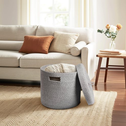 WILLITAT Storage Basket with Lid, Woven Blanket Storage for Living Room, Soft Cotton Rope Bin with Lid, Round Wicker Laundry Basket with Cover, Lidded Kid Dog Toy Box, Nursery Organizer, 15"x13", Gray