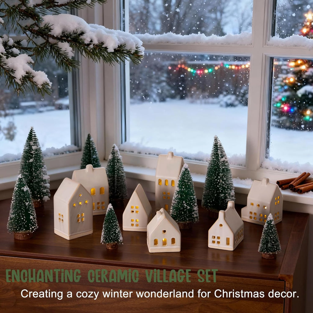 Skiennix 23 Pcs Christmas Village Set - 7 White Ceramic Houses with LED Tea Lights & Snow Trees | Festive Indoor Decor for Tabletop & Mantel