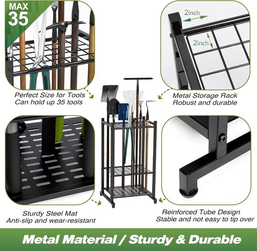 Garden Tool Organizer - Heavy Duty Steel Rack for Up to 35 Long-Handled Tools | Black