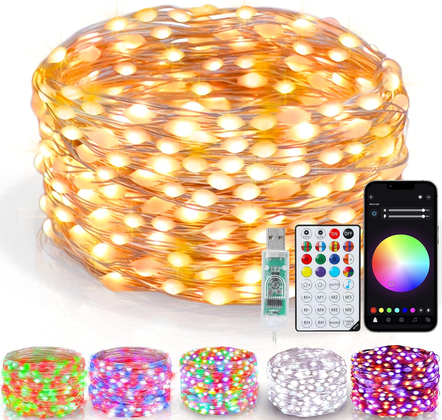 Smart Fairy Lights - 33Ft 100 LED Twinkle String Lights with Remote & App Control | Color Changing for Holiday Decor