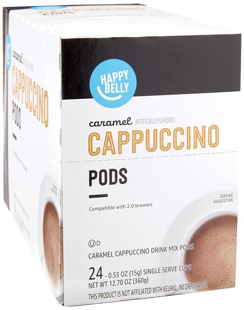 Happy Belly Cappuccino Coffee Pods - Light Roast Caramel Flavor | 24 Count Compatible With K-Cup Brewers