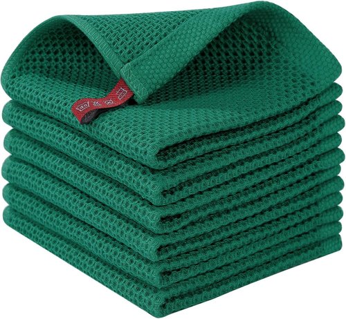 Homaxy Kitchen Dish Cloths - 100% Cotton Waffle Weave, Ultra Soft & Absorbent, 12 x 12 Inches, 6-Pack | Dark Green