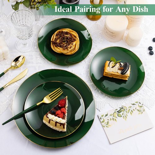 Bestluck 100 PCS Green Gold Plastic Plates, 7 inch Green Disposable Plates for Party, Disposable Dessert Plates for Party, Graduation, Birthday, Wedding