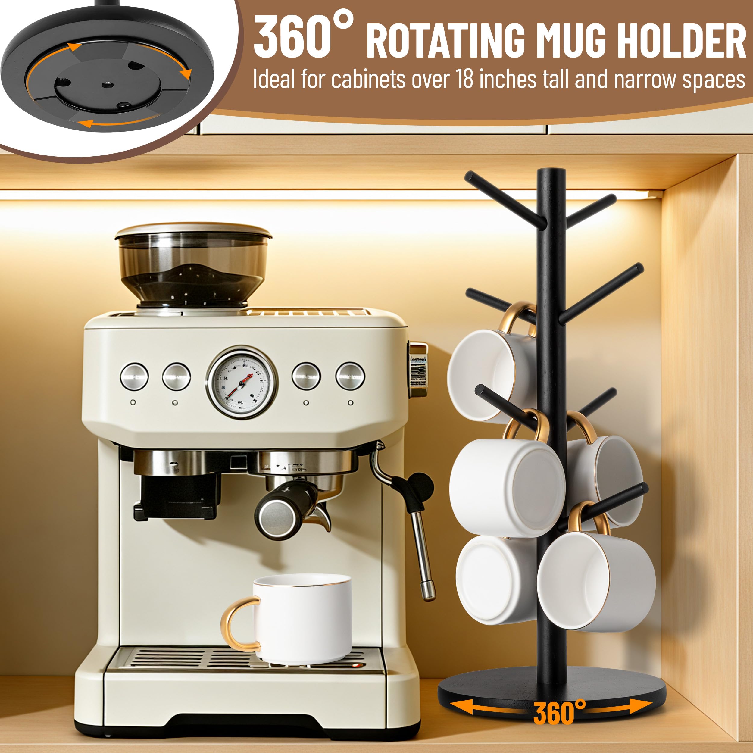 MyLifeUNIT Mug Holder Tree, 360° Rotated Coffee Cup Holder with 8 Hooks, Wooden Mug Rack Stand for Counter Top, Coffee Bar Accessories (Black)
