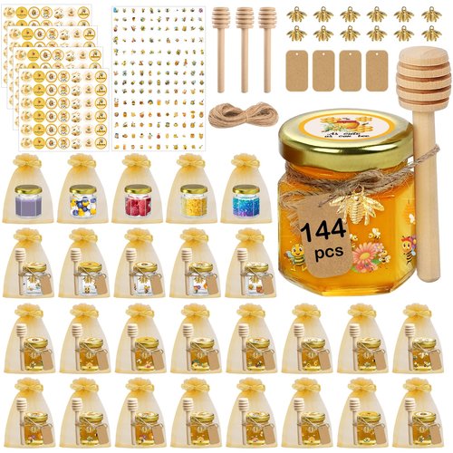 BGraceyy 144Pcs 1.5 oz Mini Hexagon Glass Honey Jars with Dippers, Gold Lids, Bee Stickers, Bee Charms, Gift Bags & Jute–Empty Small Honey Jars for Party Favors Bulk, Ideal for Baby Showers ＆ Weddings