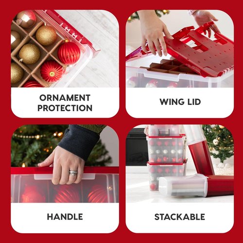 IRIS USA Ornament Storage Box - Stackable 2-Pack for 75 Ornaments | Durable Clear/Red Holiday Organizer