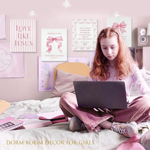 LARTSFRO Coquette Pink Bow Canvas Wall Art - Inspirational Bible Verses | 11x14 Inch Set of 4 for Teen Girls