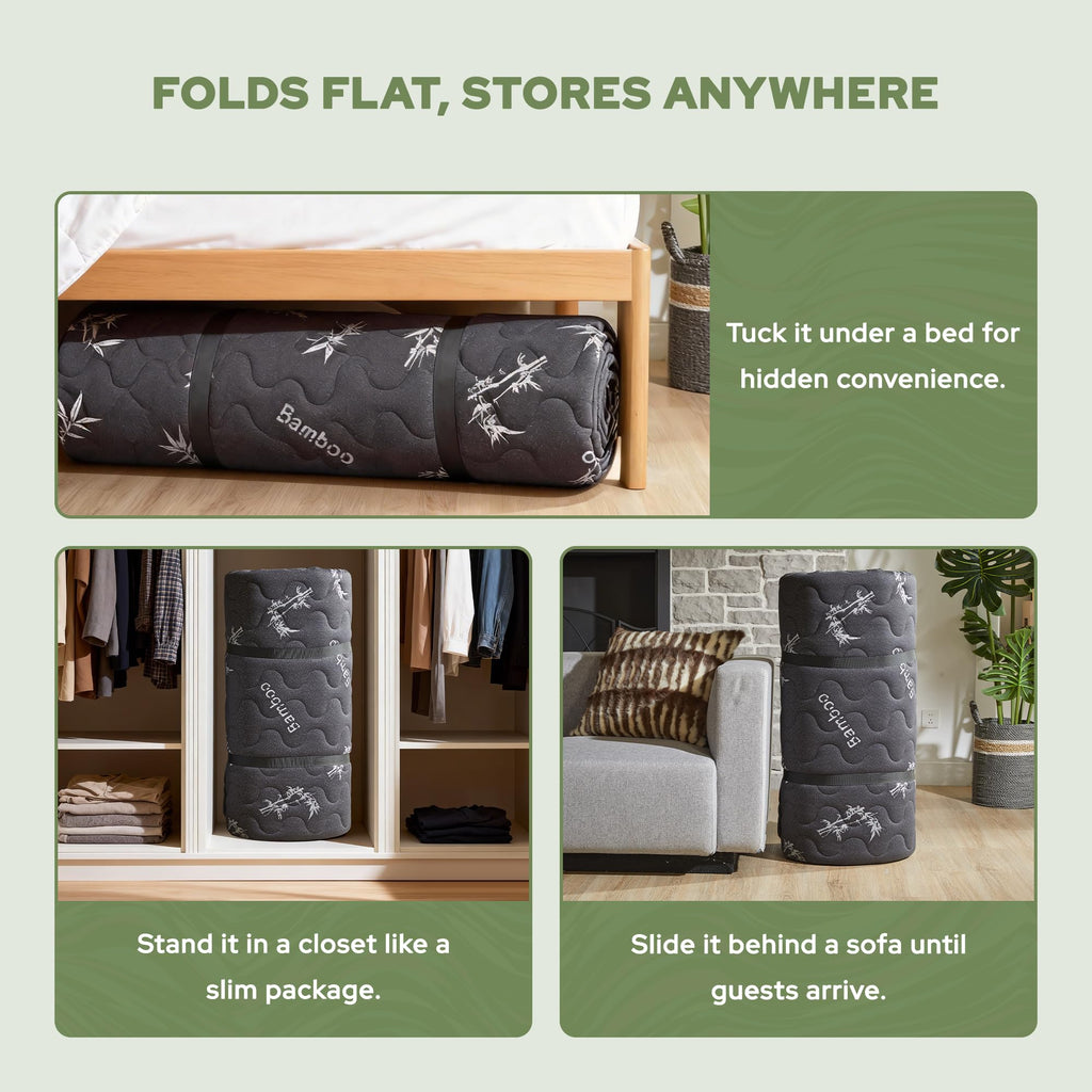 Japanese Floor Mattress Futon Mattress Queen Size Viscose Derived from Bamboo, 3" Thick Tatami Mat with High Density Foam, Foldable & Portable Floor Lounger Bed, Roll Up Sleeping Pad, Guest Room