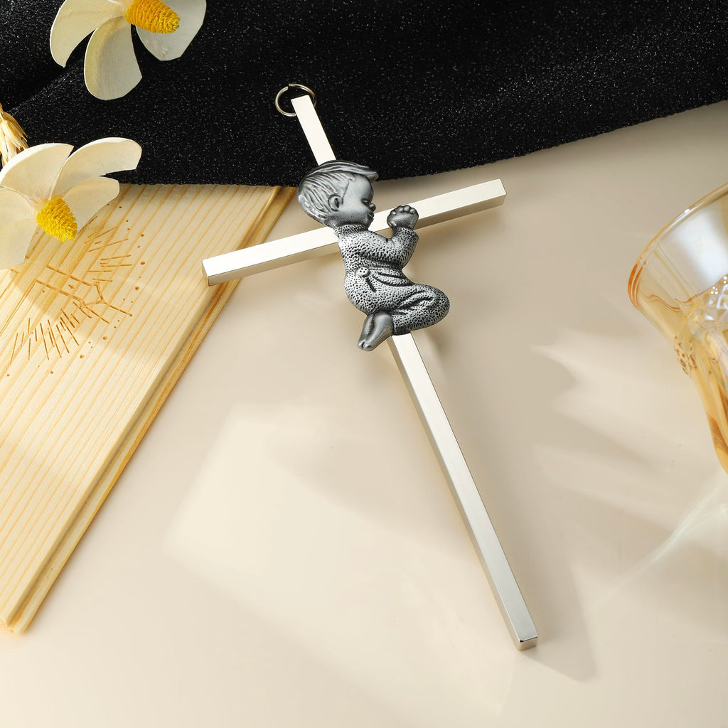 Baptism Gifts for Boys & Girls,First Communion Gifts for Kids,Christening Baby Shower Party 6in Praying Cross (1pc Silver Boy with Wooden Box)