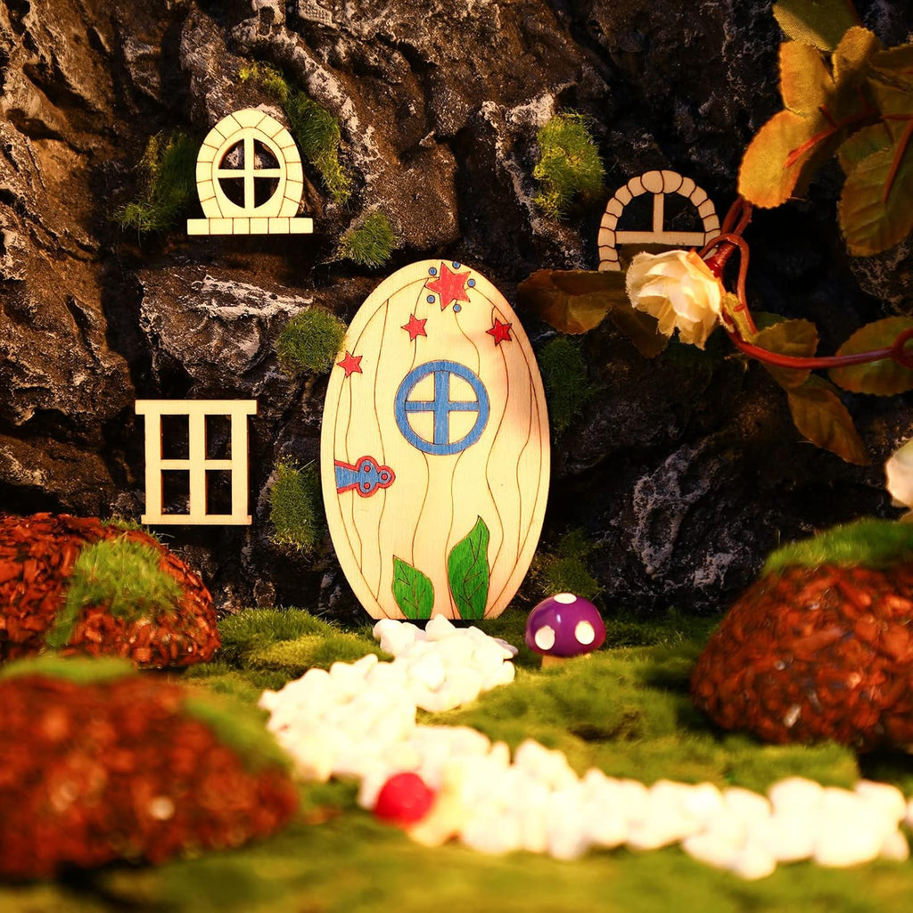 Skiennix Fairy Door Mini Wooden Garden Doors - 64 Pcs Unfinished DIY Craft Kit for Home Decor