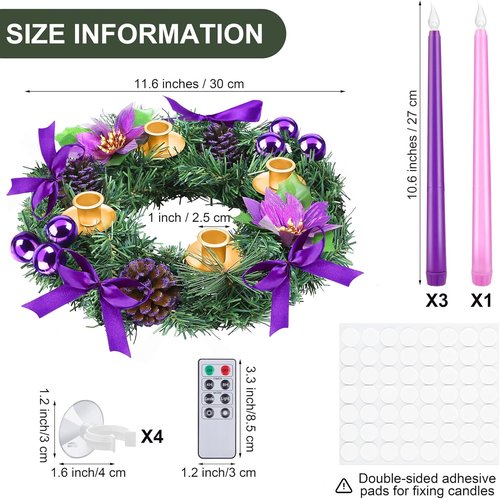 Fovths 12-Inch Christmas Advent Wreath - Flameless Taper Candles with Remote Control | Purple Centerpiece Decor