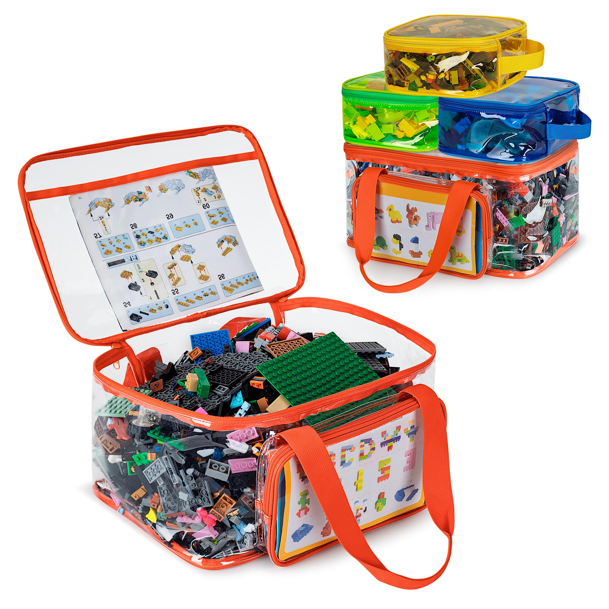 Rexmica 4 Packs Toy Storage Bag for Building Bricks, Waterproof Clear Toy Organizer Case for Magnetic Tiles, Board Games, Puzzles, Building Blocks Travel Carrying Bag