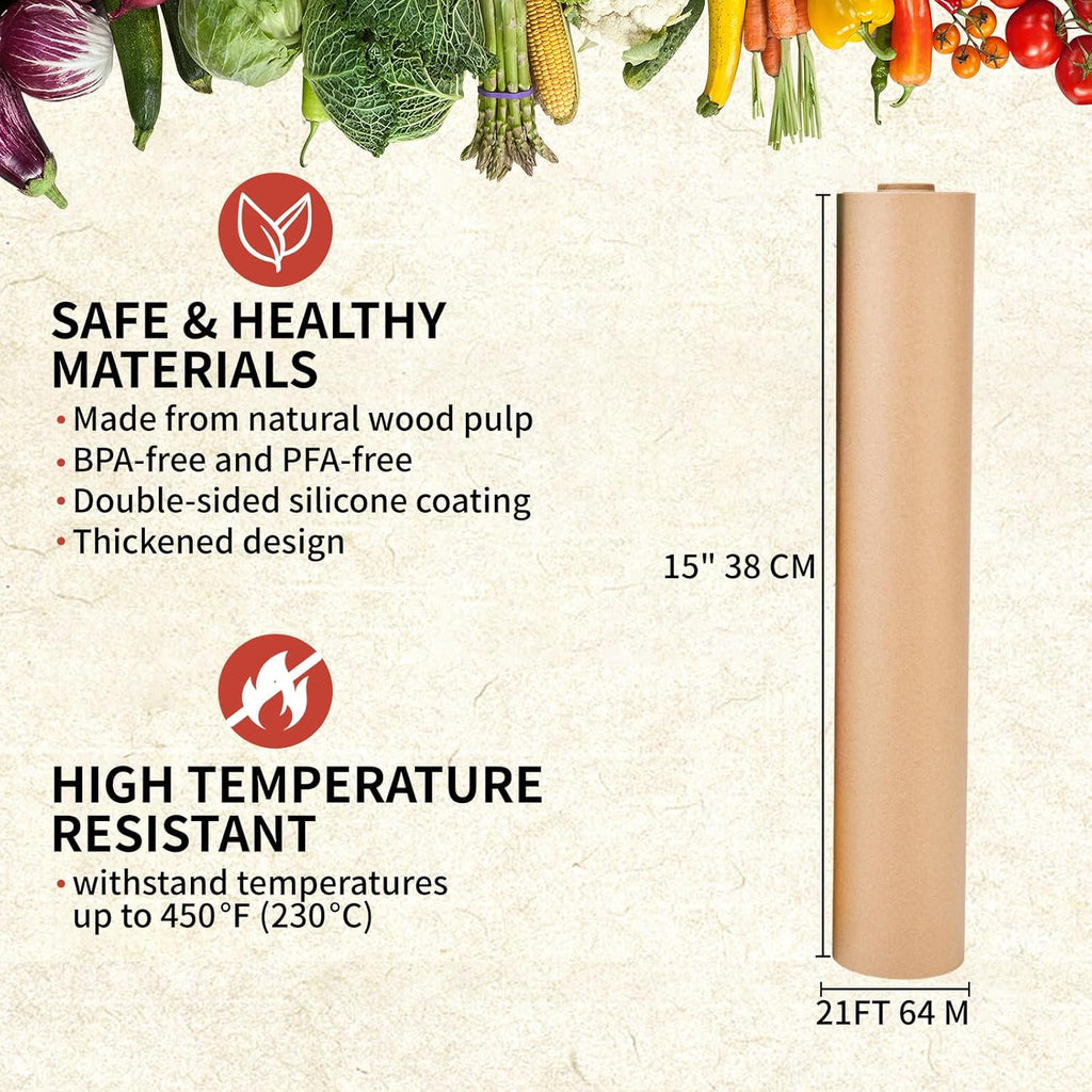 Unbleached Parchment Paper Roll - 15 In x 210 Ft Non-Stick Baking Paper | Heat Resistant & Food Grade