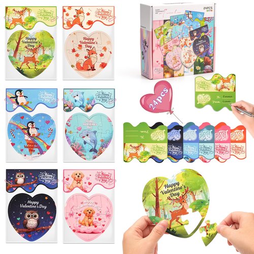 24 Packs Valentines Cards for Kids Classroom with Heart Jigsaw Puzzle Set,Valentines Day Gifts for Kids School,Classroom Must Haves Exchange Prizes Valentines Party Favors for Him Her Boys and Girls