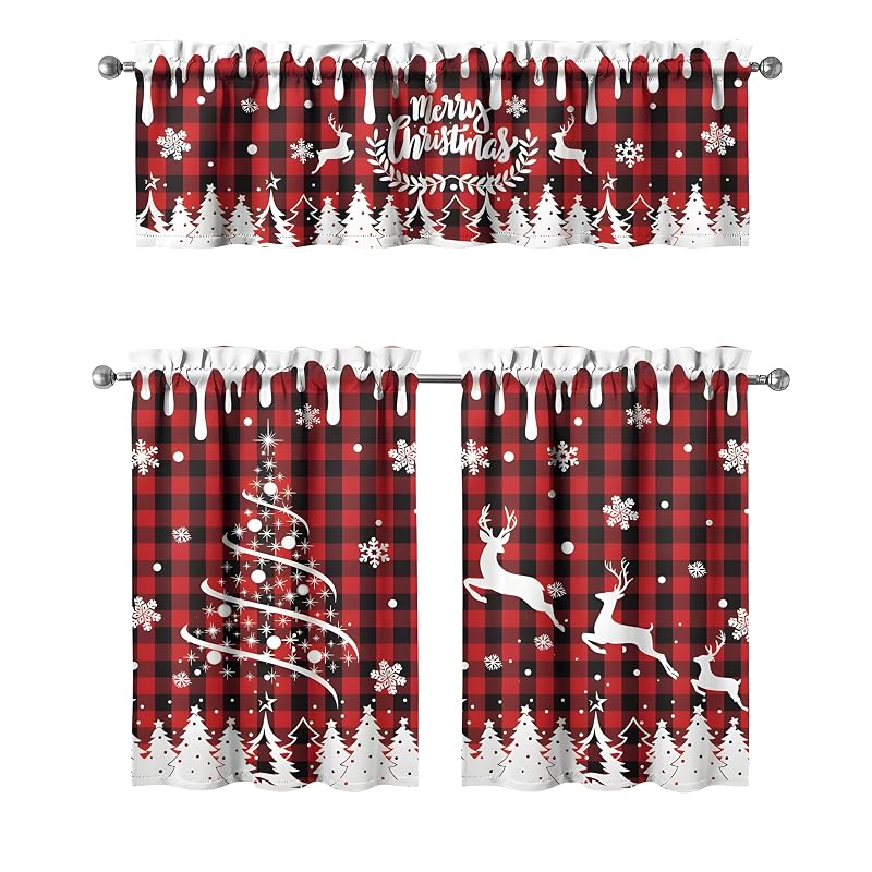 Merry Christmas Kitchen Curtains Set of 3 54x18 Valance + 27.5x36 Panels – Holiday Door & Window Decor