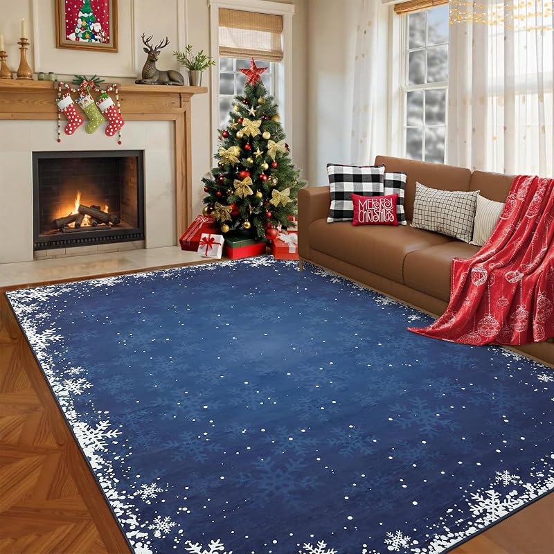 5' x 7' Xmas Snow Blue Non-Slip Area Rug - Machine Washable Holiday Living Room Carpet