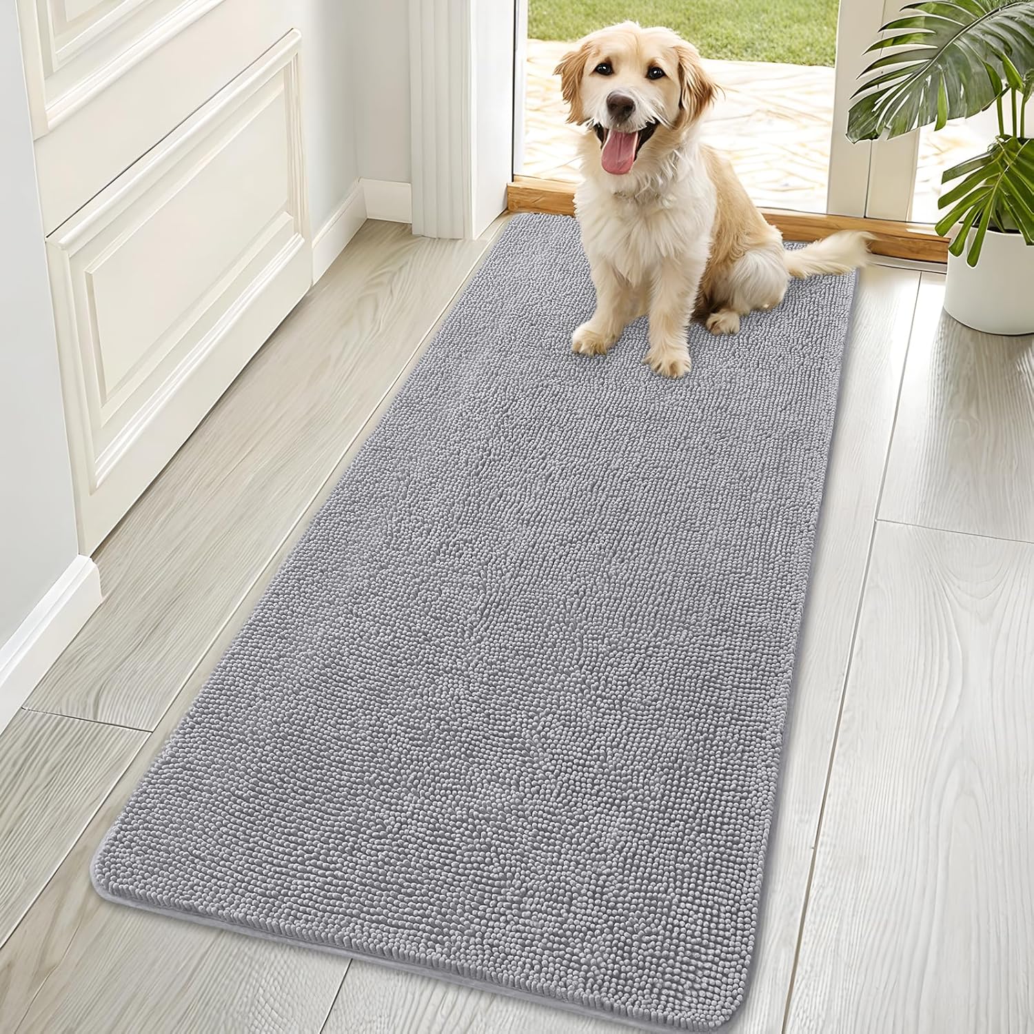 OLANLY Dog Door Mat - Absorbent Non-Slip Chenille Mat for Muddy Paws | 70x35 Light Grey Indoor Carpet