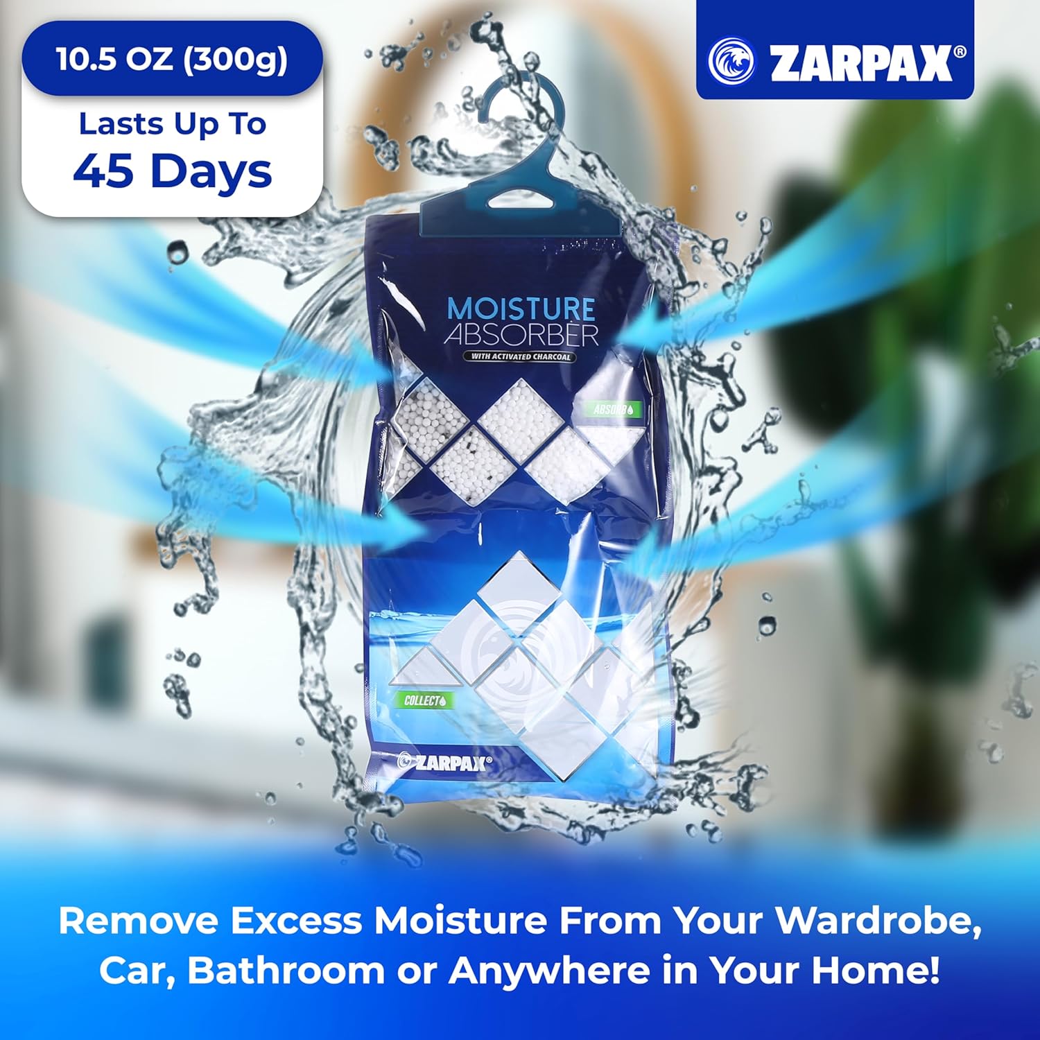 ZARPAX Activated Charcoal Moisture Absorber - 10.6 oz | Portable Dehumidifier Bags for Bathroom, Closet & Kitchen | Eliminates Humidity & Odors | Set of 10