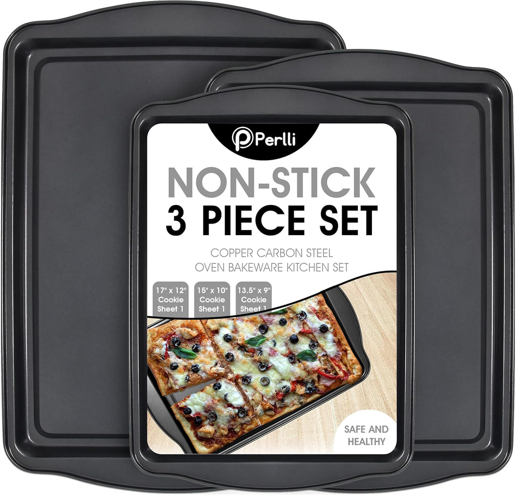 Perlli Non-Stick Baking Sheets - 3-Piece Carbon Steel Set for Cakes & Cookies | BPA Free, Various Sizes