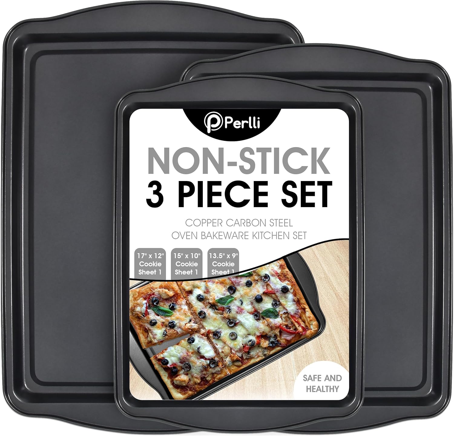 Perlli Non-Stick Baking Sheets - 3-Piece Carbon Steel Set for Cakes & Cookies | BPA Free, Various Sizes