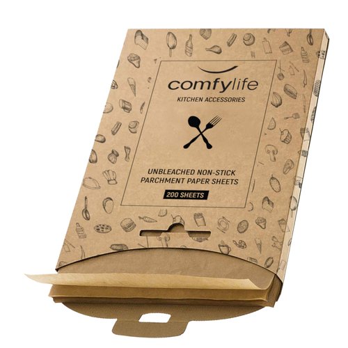 Comfylife 200 Parchment Paper Sheets - No Curl, Tear, or Burn (9 x 13 Inch) - Precut Baking Paper, Unbleached, No Chemical, Cookie Sheets