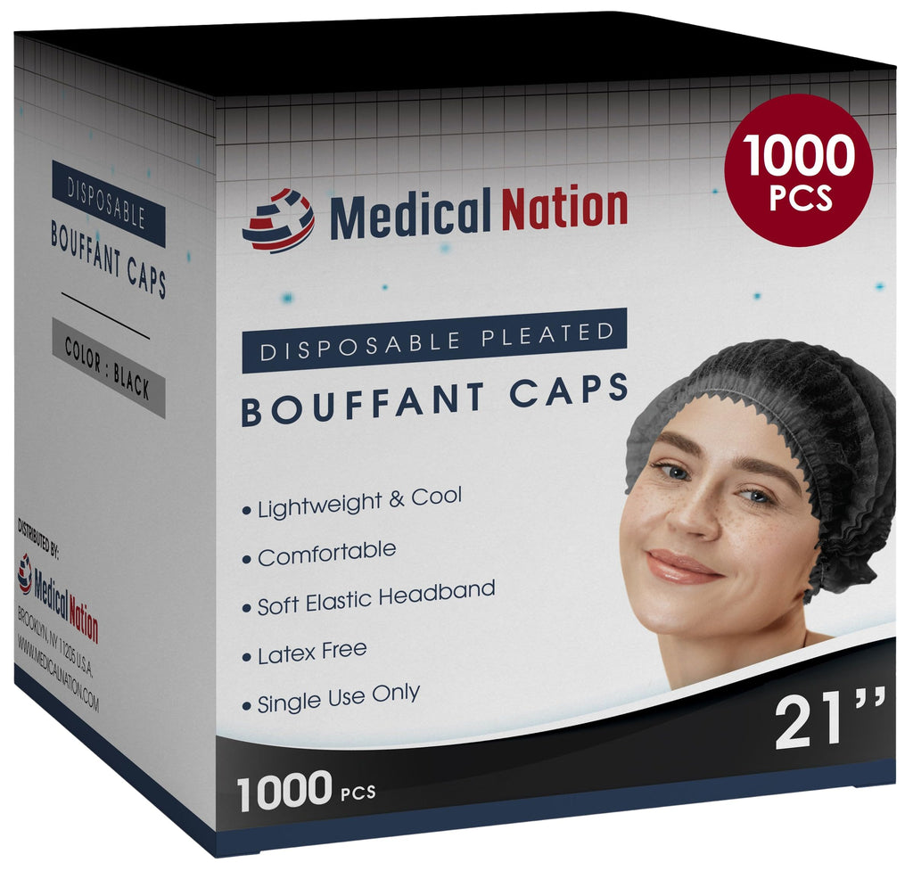 Medical Nation Hair Net, Disposable Pleated Hair Nets |Black, 1000 Count| Bouffant Hair Cap Hair Nets for Food Service, Medical Use - 21" Hairnets for Women & Men - Latex Free with Elastic Band, Black