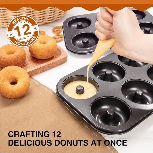 HONGBAKE Donut Pan - Upgraded Deepened Nonstick Baking Tray, 2 Pack Mini Bagel Mold - Black