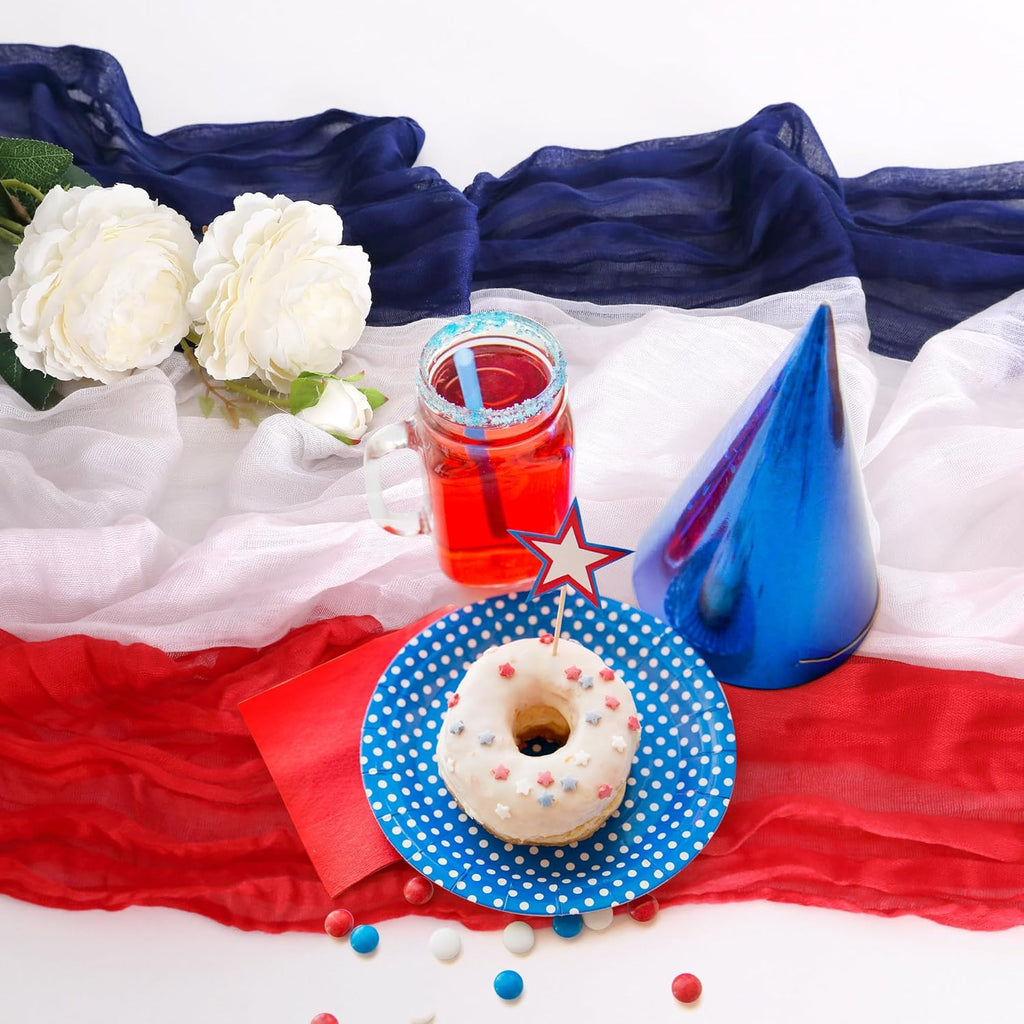 RunNico Cheese Cloth Table Runner Set - 2 PCS Rustic Red, White & Blue | 120 x 38 Inch Patriotic Decor