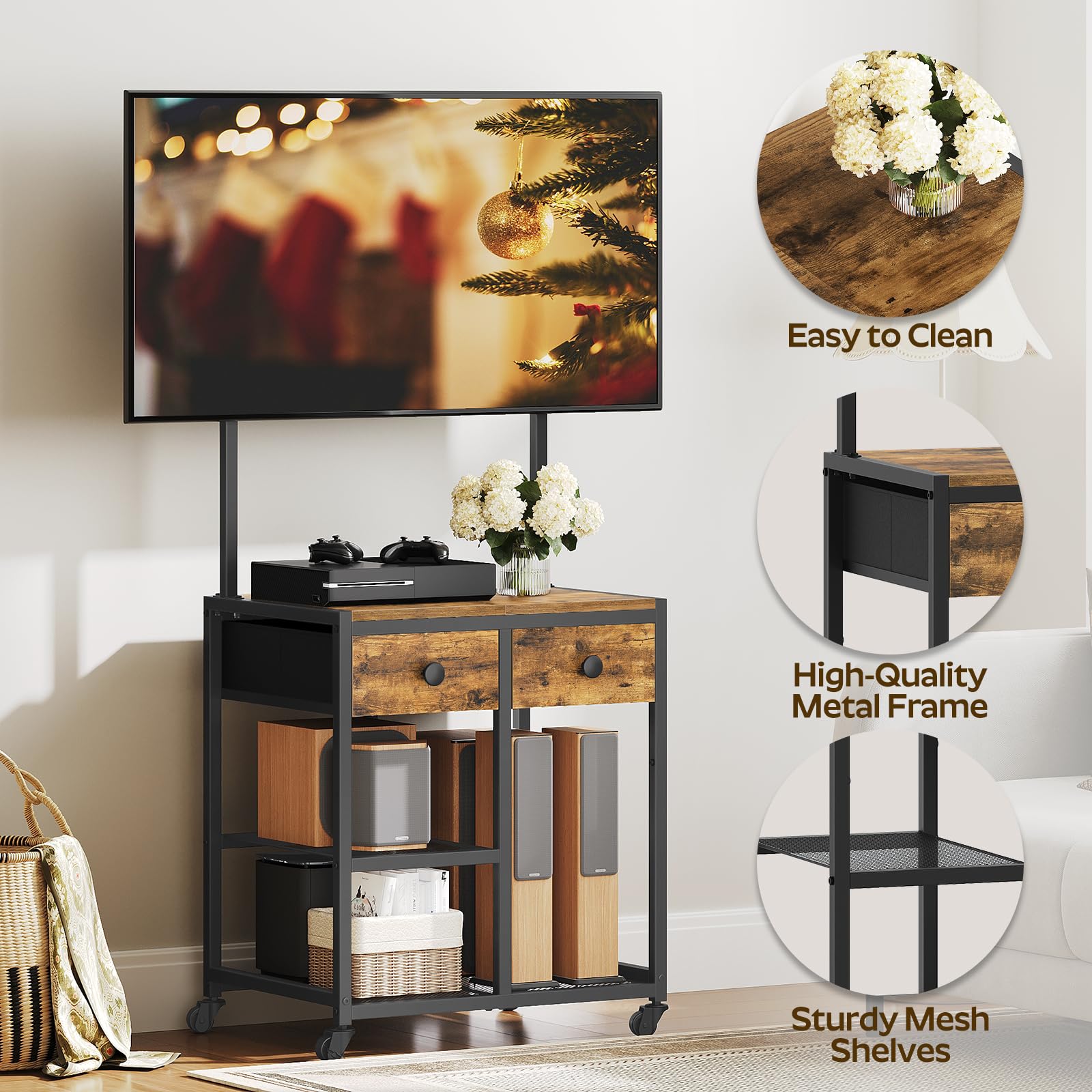 YATINEY TV Stand with Mount, Corner TV Stand with Wheels, for TVs up to 50 Inches, Rolling Entertainment Center, Small TV Stands, for Living Room, Meeting Room, Bedroom, Rustic Brown DS08BR