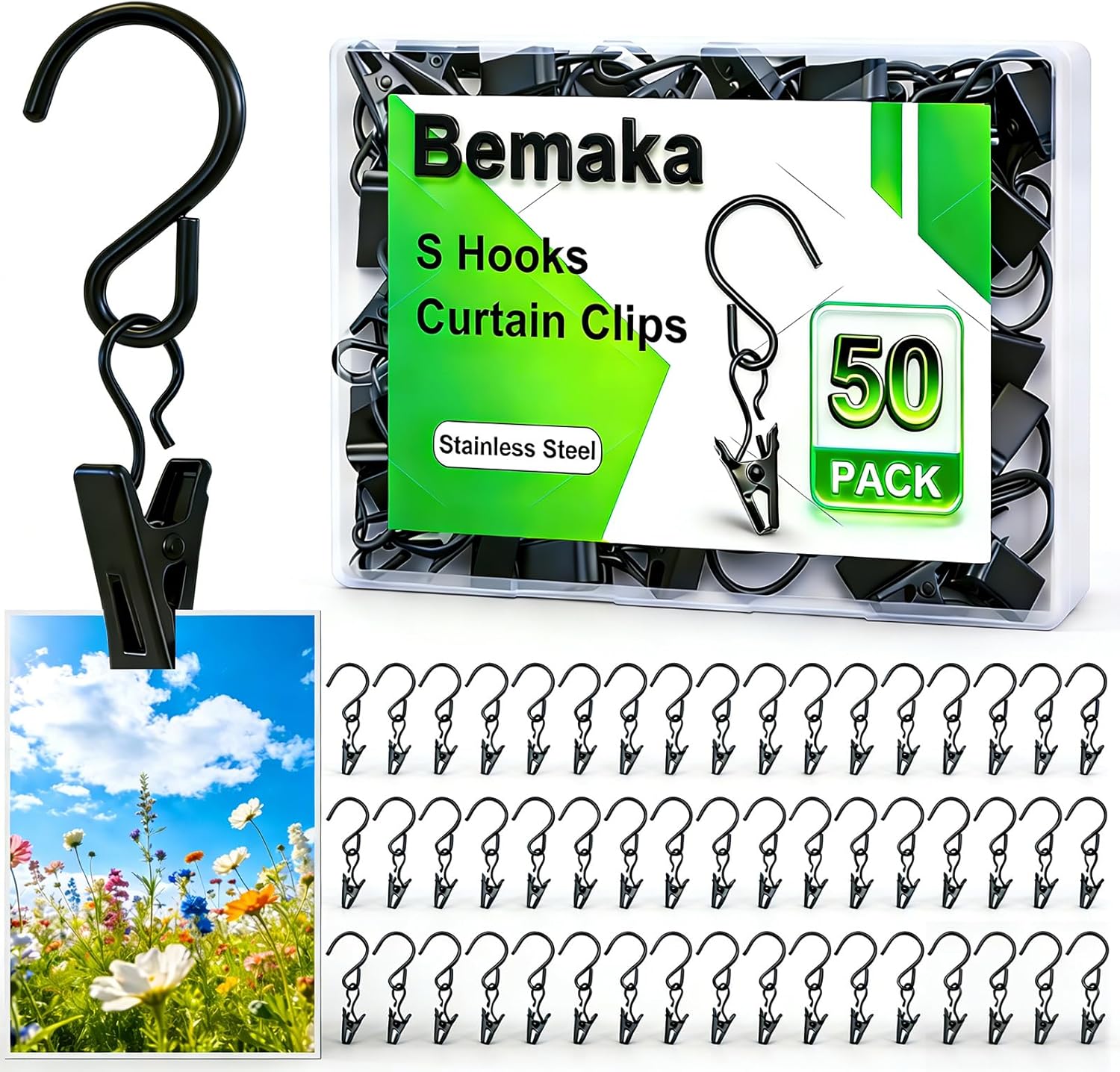 Skiennix 50 Pack S Hooks - Durable Stainless Steel Curtain Clips for Hanging Photos & Decorations | 2.4 Inch