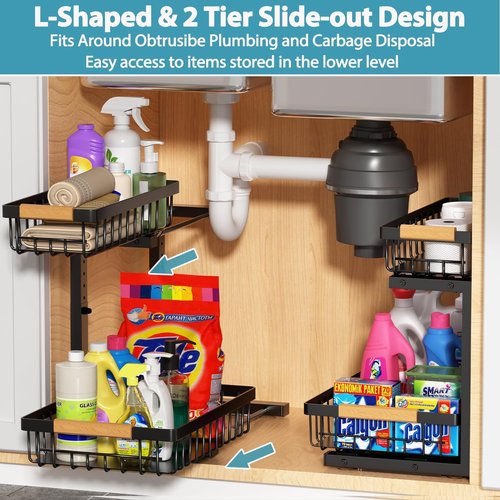 Liuoud Under Sink Organizer 2 Pack, 2 Tier Slide Out Large Capacity Height Adjustable Under Sink Organizers and Storage for Kitchen Bathroom Cabinet, Black