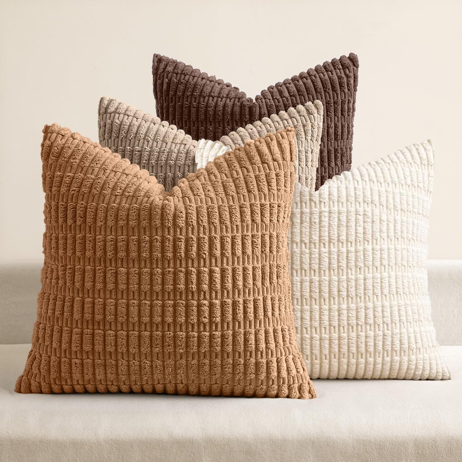 MIULEE Decorative Throw Pillow Covers - Pack of 4 Neutral Corduroy 18x18 Inch for Rustic Farmhouse Decor | Soft Striped Design in Brown