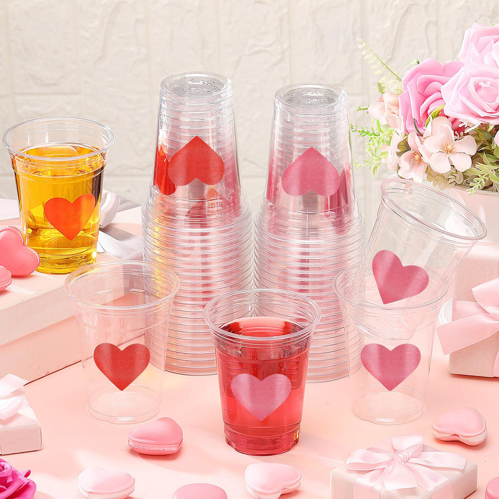 Moinchore 100 Pcs 12 oz Valentines Heart Plastic Cups Clear Disposable Heart Wine Cups Bulk for Galentine's Day Iced Coffee Drinking Ice Cream Wedding Party Supplies (Pink,Red)