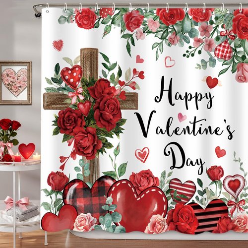 MEHOFOND Happy Valentine's Shower Curtain,Religious Cross Red Roses Heart Shower Curtain for Valentine's Day Bathroom Decor,Valentines Romantic Sweetheart Holiday Bathroom Fabric Curtains 72x72 in