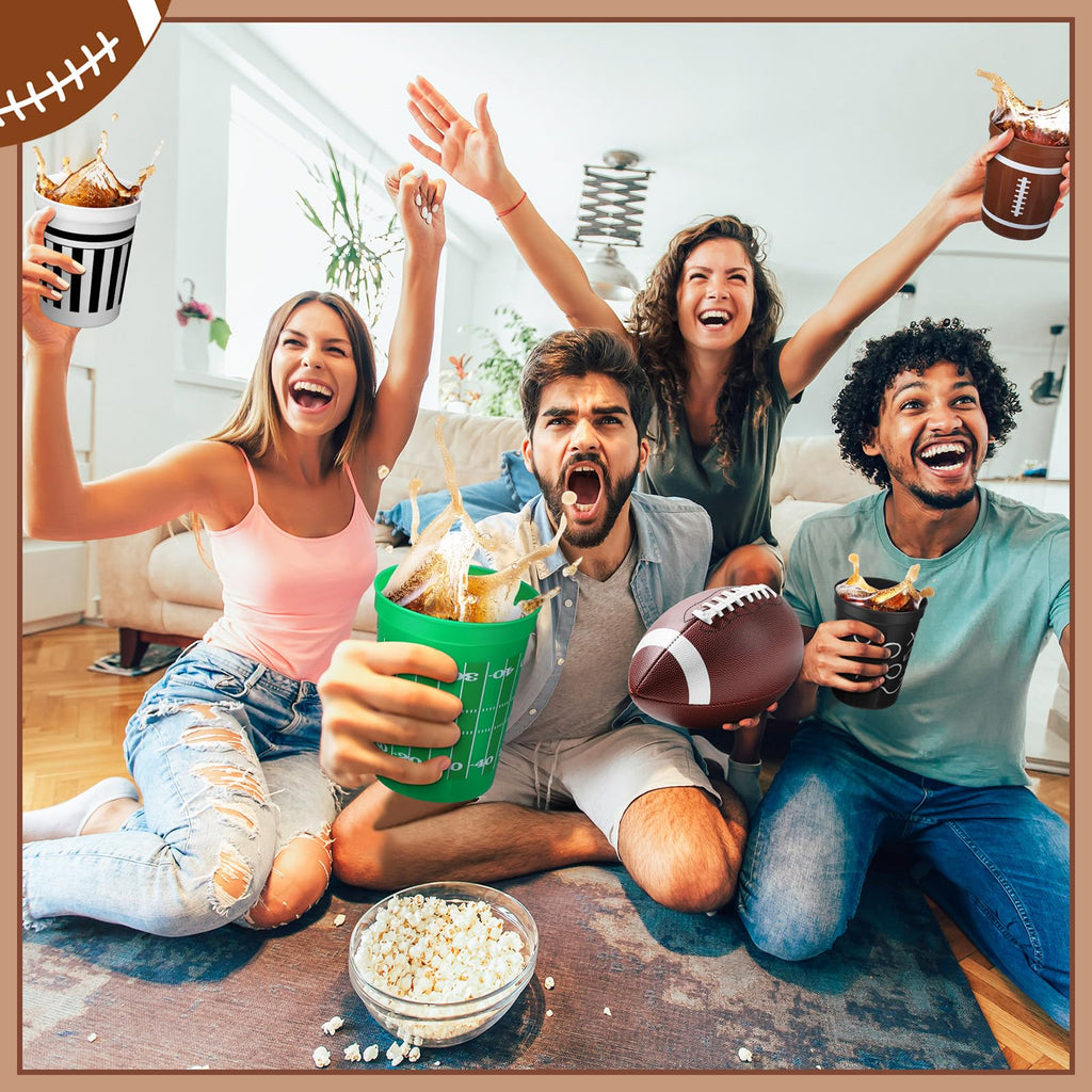 Tioncy 24 Pack Football Plastic Cups 16 oz Football Theme Reusable Cups 4 Designs Plastic Drinking Glass Bulk Assorted Sports Rugby Party Supply Drinkware for Coffee Beer Cream Snacks