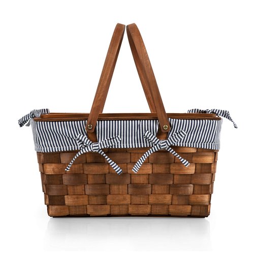PICNIC TIME Wizard of Oz Kansas Handwoven Wood Picnic Basket, Woven Basket with Tabletop Lid, Large Basket for Picnic, (Navy Blue & White Stripe)